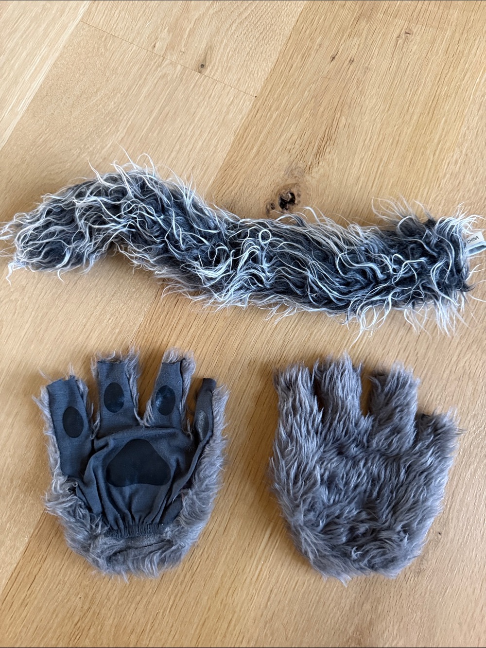 Gray Faux Fur Fingerless Gloves and Scarf Set, wolf tail and wolf gloves